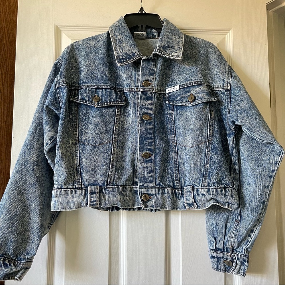 Vintage 80s USED Jean Jacket Acid Wash Cropped Elastic Waist Denim Jacket Size M